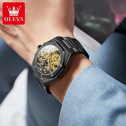 OLEVS Watches Luxury Man High Quality Original Fully Skeleton Automatic Mechanical Watch Stainless Steel Men Watches Gifts Box