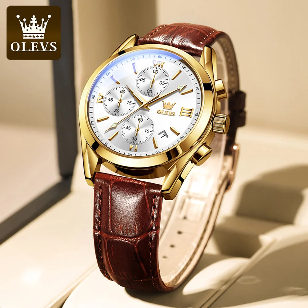 Vyriškas chronografinis rankinis laikrodis „OLEVS 2872“ – odinis dirželis, atsparus vandeniui, šviečiantys rodyklės, kvarcinis mechanizmas, prabangus sportinis stilius