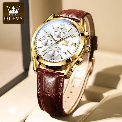Vyriškas chronografinis rankinis laikrodis „OLEVS 2872“ – odinis dirželis, atsparus vandeniui, šviečiantys rodyklės, kvarcinis mechanizmas, prabangus sportinis stilius