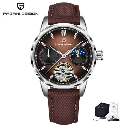 PAGANI DESIGN – Luxusné mechanické pánske hodinky, 41 mm, zafírové sklo, kožený remienok, vodotesné, v štýle pilotných hodín, s tourbillonom a fázou mesiaca