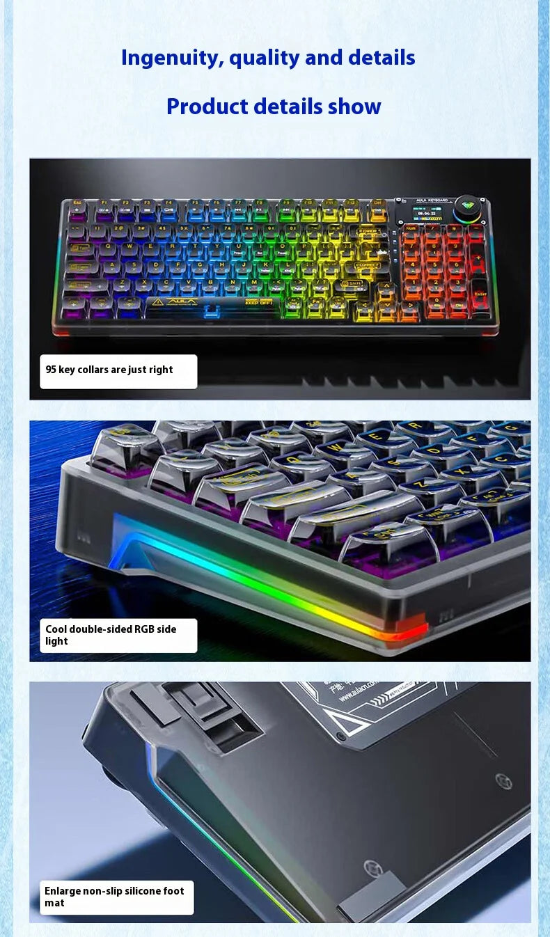 AULA F98PRO Wireless Mechanical Keyboard Transparent Keycaps RGB Backlit Custom 2.4G Hot Swappable Gaming Keyboard With Screen