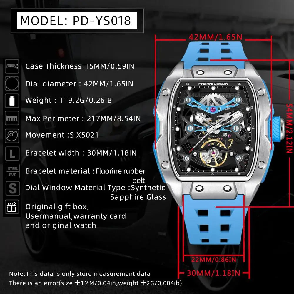 Novo Relógio de Pulso Masculino PAGANI DESIGN PDYS018 Automático Mecânico, Fashion Casual Skeleton, Safira e Aço Inoxidável
