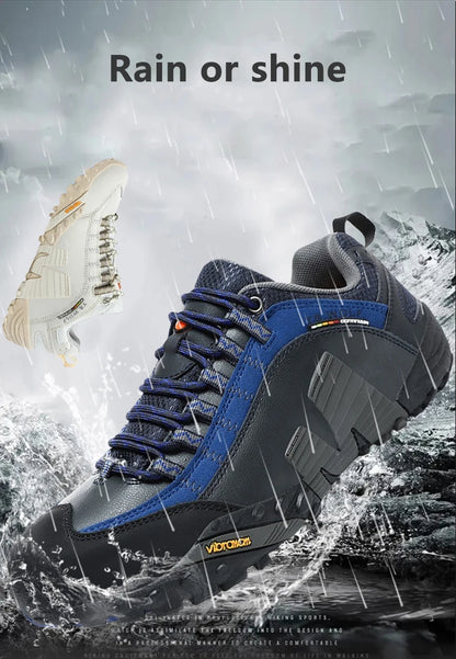 Sapatos de montanhismo para homem em couro genuíno, calçado desportivo outdoor antiderrapante, sapatos de montanhismo e caminhada respiráveis para turismo