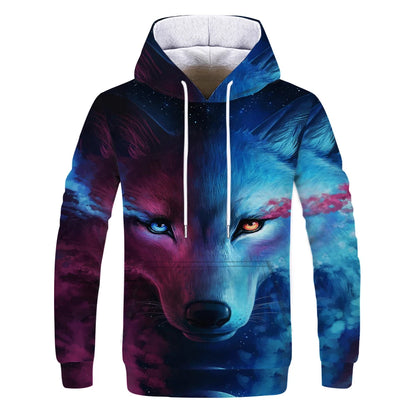 Neuer modischer Hoodie mit 3D-Tierprint für Herren und Damen, personalisiertes Design, Sweatshirt mit Schnee- und Doppelwolf-Motiv, Harajuku Oversized Hoodie