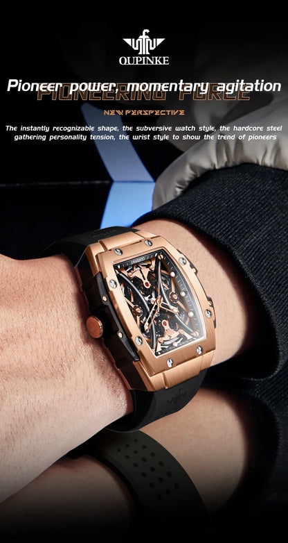 Relógio masculino OUPINKE clássico de luxo com mostrador tonneau, marca de topo, original, automático mecânico, bracelete em silicone e vidro de safira, novo