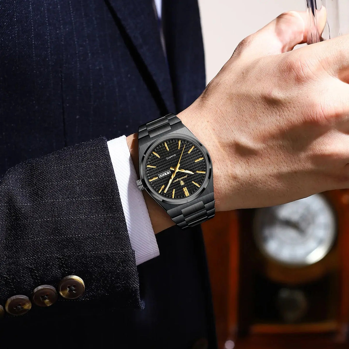 POEDAGAR luxury men’s wristwatch, water-resistant, luminous, stainless steel, with date and day of the week, quartz movement, business style.