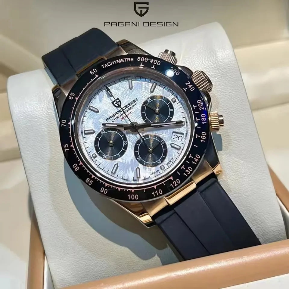 PAGANI DESIGN V2 40MM Herrenuhr mit Meteorit-Zifferblatt, Quarzwerk, Saphirglas, Retro-Chronograph, wasserdichte Uhr für Herren