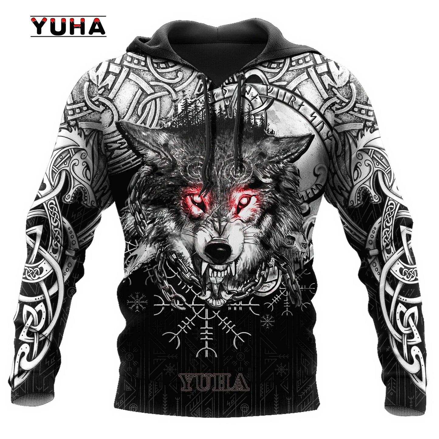 Neuer Wolf-Tattoo-Vegvisir Schwarz-Weiß 3D-Allover-Print Herren-Hoodie & Sweatshirt Unisex Casual Herbst-Trainingsanzug