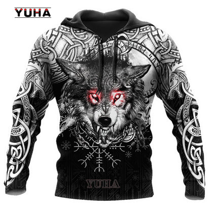 Neuer Wolf-Tattoo-Vegvisir Schwarz-Weiß 3D-Allover-Print Herren-Hoodie & Sweatshirt Unisex Casual Herbst-Trainingsanzug