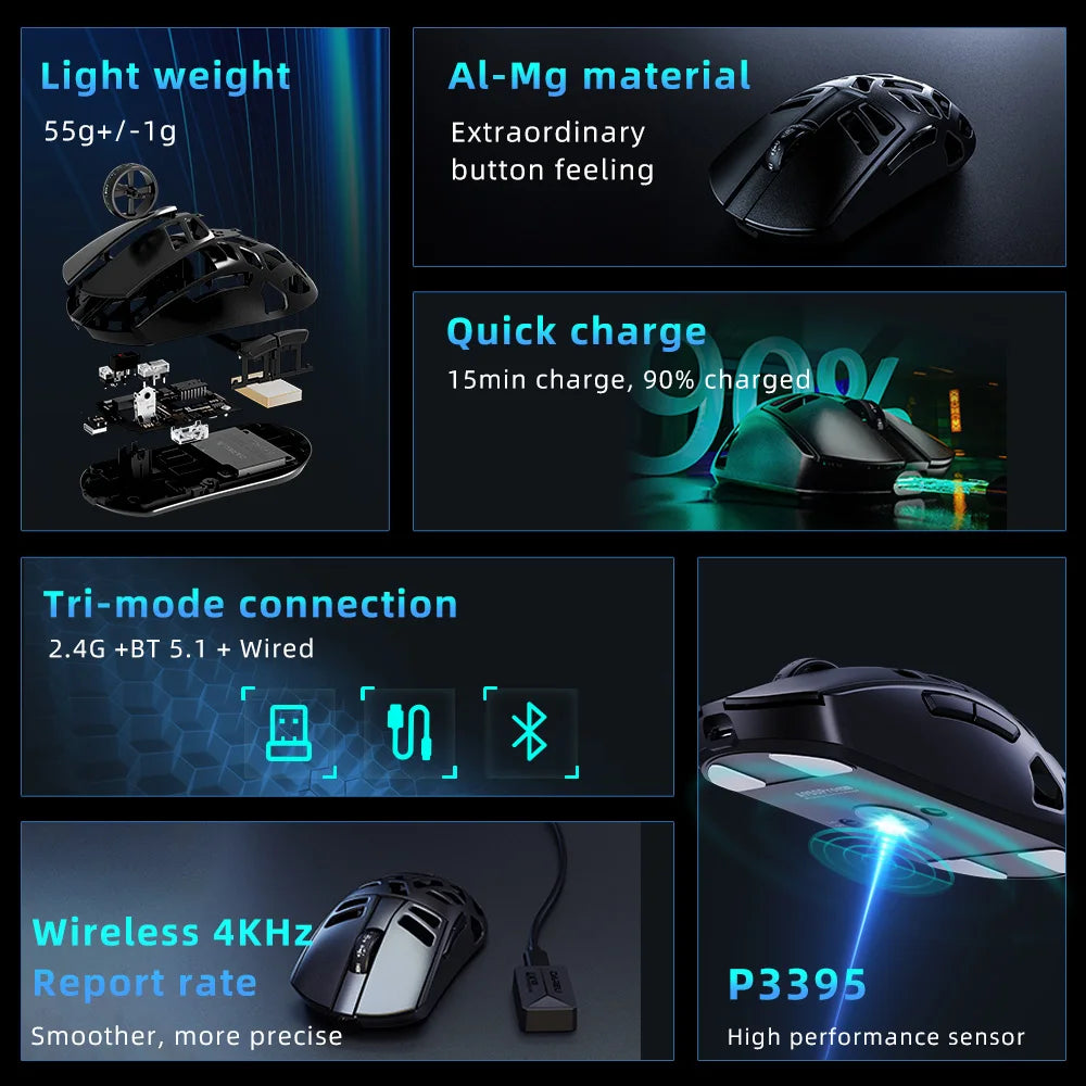 Rato Gaming Sem Fios DAREU Al-mg Tri-mode 8Khz PBT Quick Charge PAW3950 30000 DPI Leve para PC Gamer