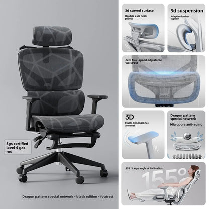 Cadeira de Escritório Ergonómica Ajustável em Malha, Cadeira de Secretária para Computador com Encosto Alto Respirável, Apoio Lombar 6D e Apoio para Pés Retrátil