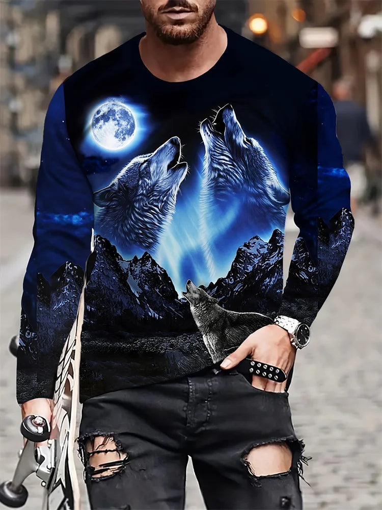 T-shirt de manga comprida para homem com novo estampado de lobo 2024, camisa casual diária de primavera e outono, moda streetwear masculina