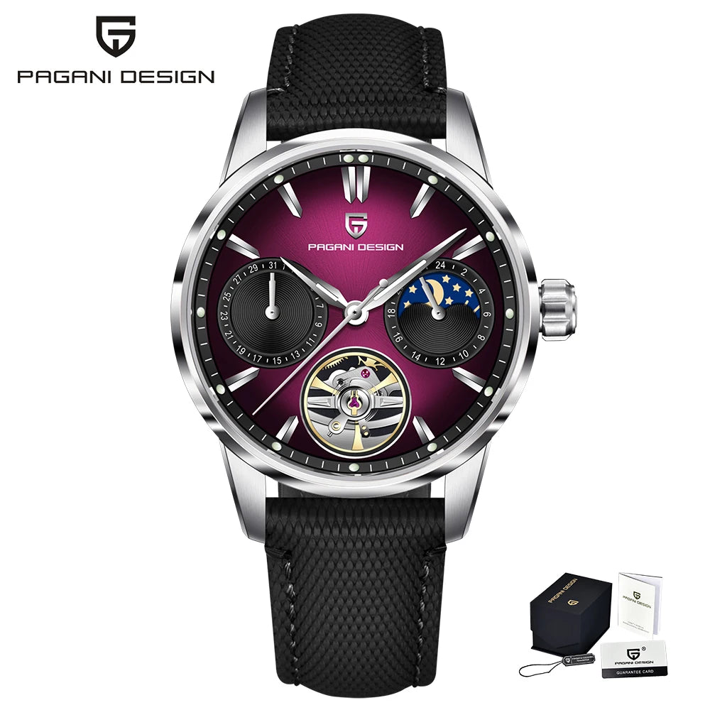 PAGANI DESIGN – Luxusné mechanické pánske hodinky, 41 mm, zafírové sklo, kožený remienok, vodotesné, v štýle pilotných hodín, s tourbillonom a fázou mesiaca