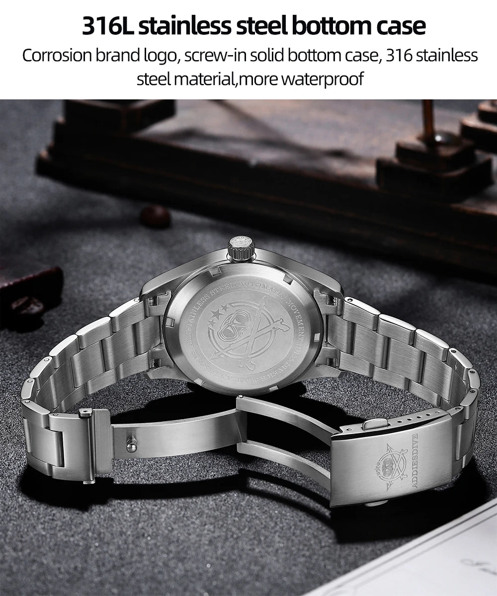 ADDIESDIVE Men's Retro Mechanical Watch Sapphire Mirror Glass Stainless Steel Watch BGW9 Luminous 200m Waterproof Analog Watch
