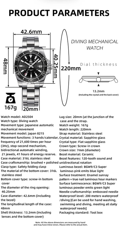 ADDIESDIVE Men's Diver's Watch 200m Sapphire Luminous Ceramic Bezel Men's Analog Mechanical Watch Stainless Steel Diving Watches