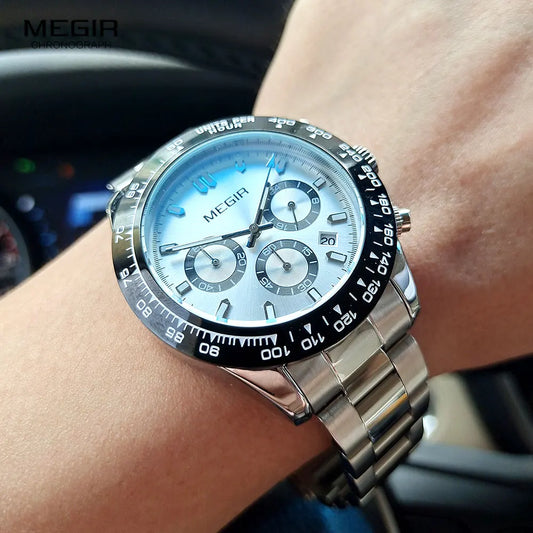 Reloj de hombre MEGIR, marca de lujo, reloj deportivo de cuarzo, correa de acero inoxidable, resistente al agua, cronógrafo, reloj de pulsera