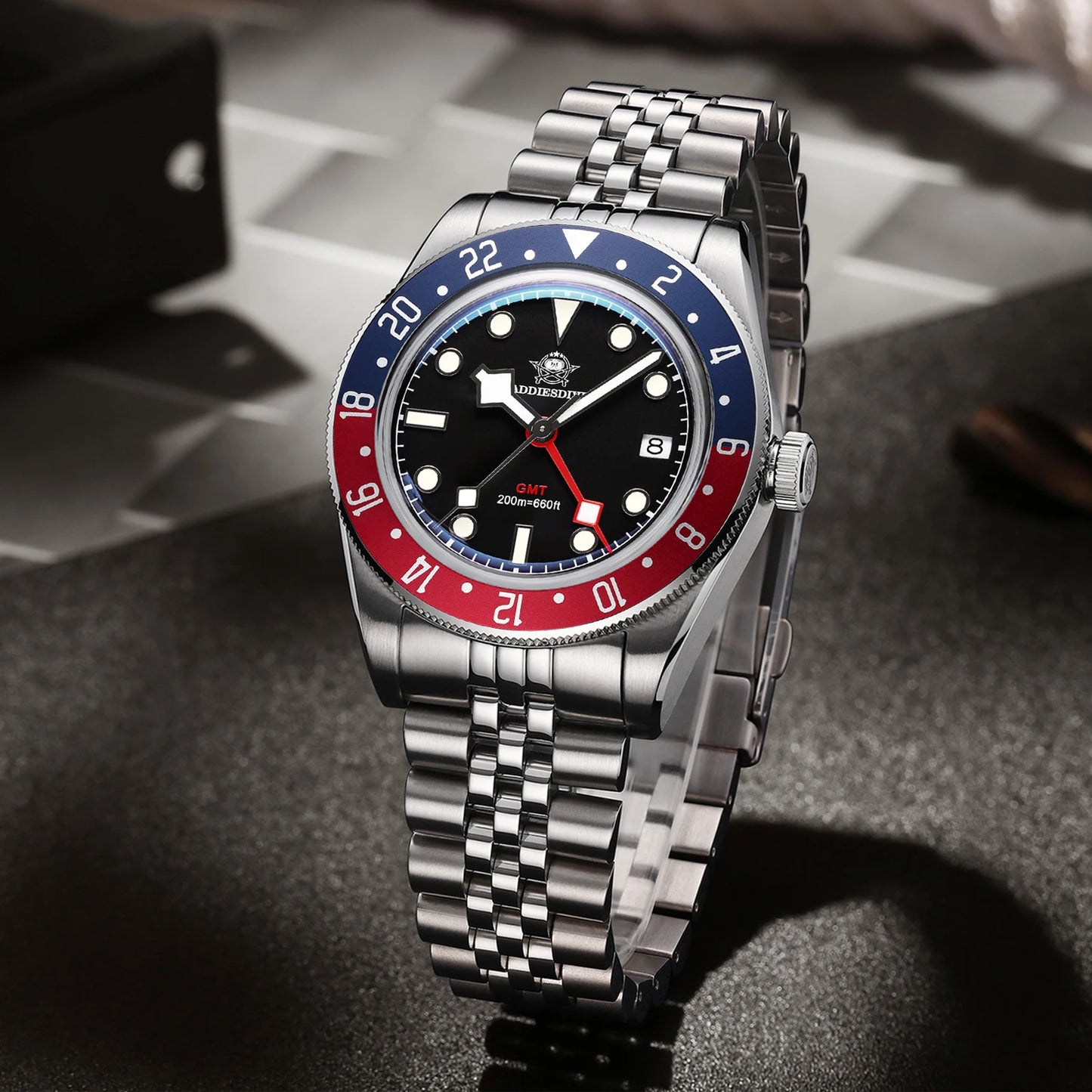 ADDIESDIVE Luxury GMT515-24H Men's Watch Diver 200m Bubble Mirror Glass BGW9 Super Luminous Stainless Steel Men's Analog Watches