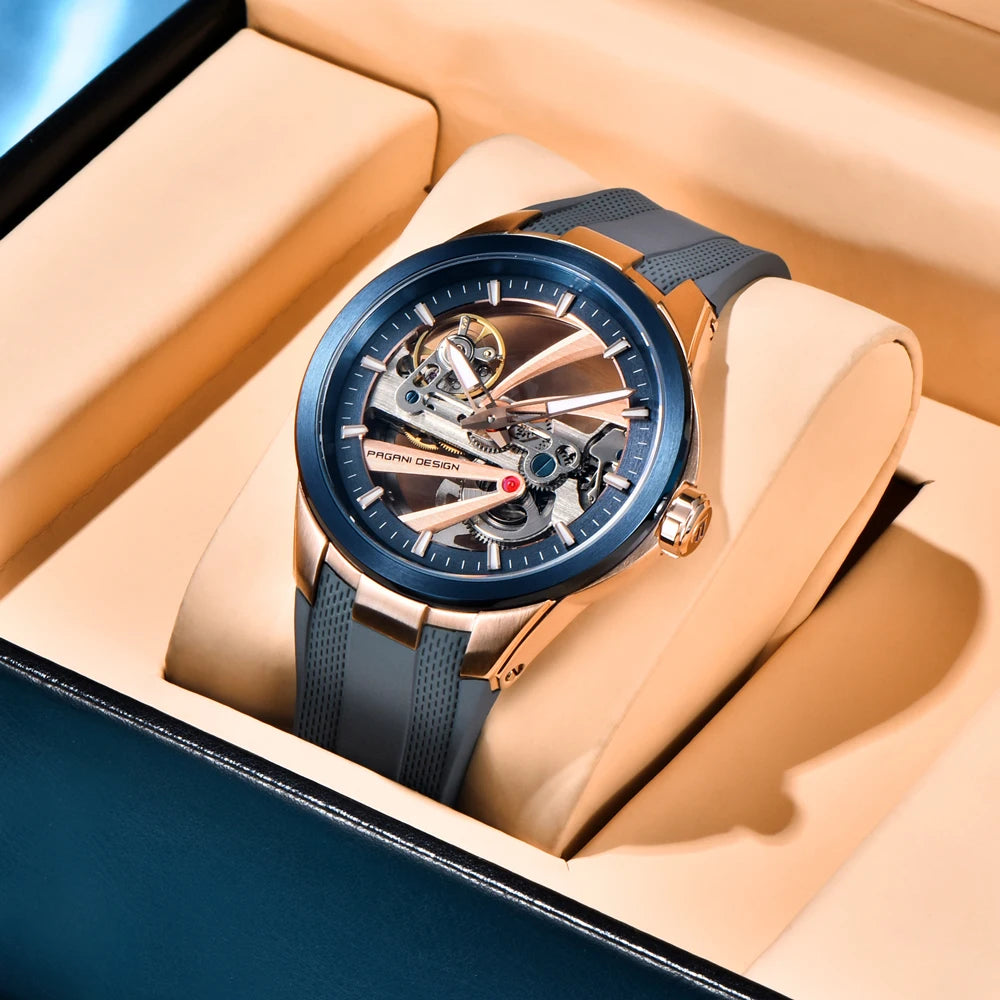 Zegarek męski PAGANI DESIGN – luksusowy model z mechanizmem automatycznym typu „skelet” (z widocznym mechanizmem), wyposażony w tourbillon, szkło szafirowe z powłoką antyrefleksyjną, wodoodporny i luminescencyjny.