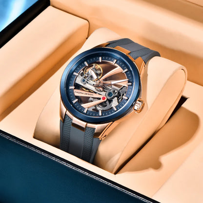 Zegarek męski PAGANI DESIGN – luksusowy model z mechanizmem automatycznym typu „skelet” (z widocznym mechanizmem), wyposażony w tourbillon, szkło szafirowe z powłoką antyrefleksyjną, wodoodporny i luminescencyjny.
