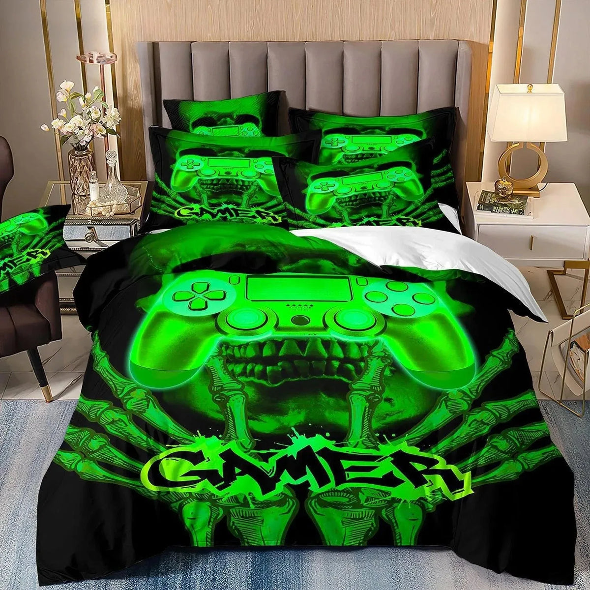 Gamer ágyneműkészletek fiú gyerekeknek: játékos paplanhuzat-készlet (Queen méret), videojátékos paplanhuzat, PlayStation-motívumú ágyneműkészlet tizenéves fiúknak