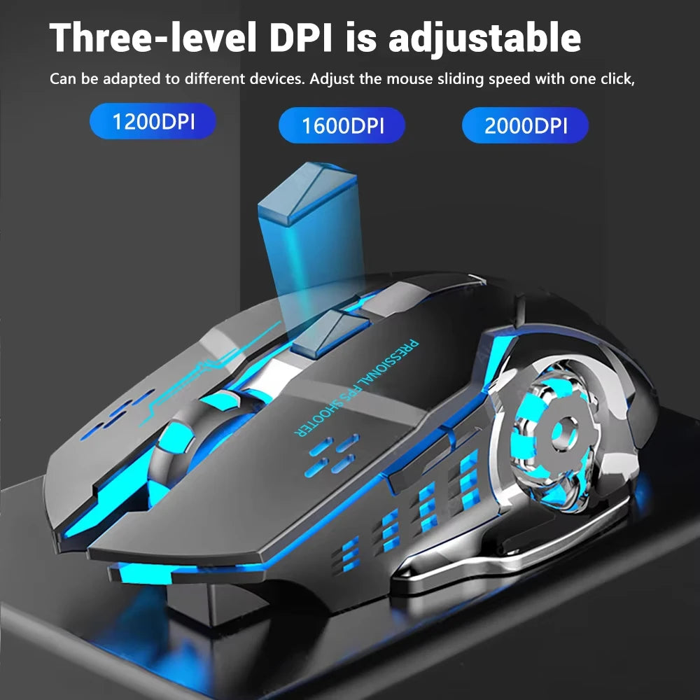 Rato Gaming Mecha Sem Fios Bluetooth 2.4G USB Recarregável Silencioso com Retroiluminação — Rato Ergonómico para Escritório e Acessórios de Jogo