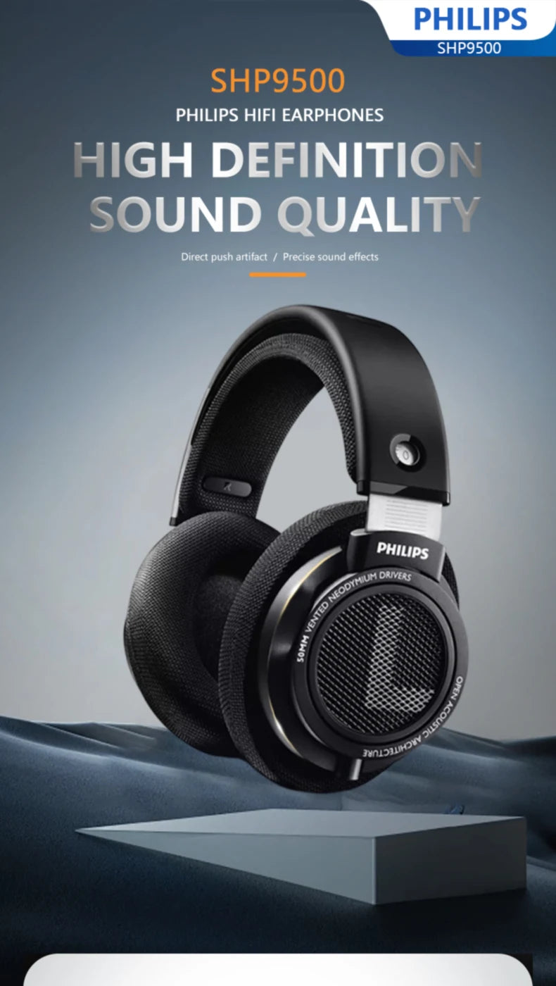 Philips SHP9500 HiFi Wired Headphones Stereo Monitor Gaming Headset with 50mm Dynamic Driver, Professional Audio Earphones for Music & E-Sports