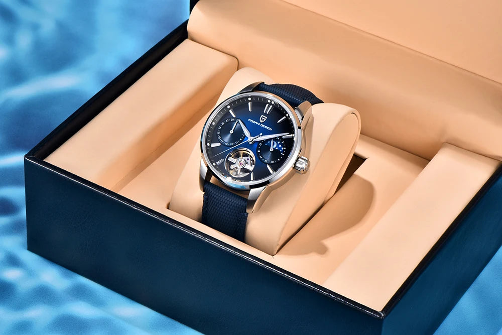 PAGANI DESIGN – Luxusné mechanické pánske hodinky, 41 mm, zafírové sklo, kožený remienok, vodotesné, v štýle pilotných hodín, s tourbillonom a fázou mesiaca