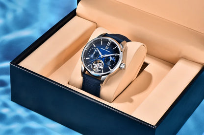 PAGANI DESIGN – Luxusné mechanické pánske hodinky, 41 mm, zafírové sklo, kožený remienok, vodotesné, v štýle pilotných hodín, s tourbillonom a fázou mesiaca