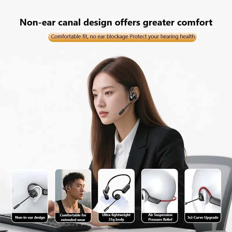 Open-Ear Bluetooth Headset with Noise-Reducing Boom Microphone – Lightweight Wireless Headphones for Office, Call Center & Truck Drivers
