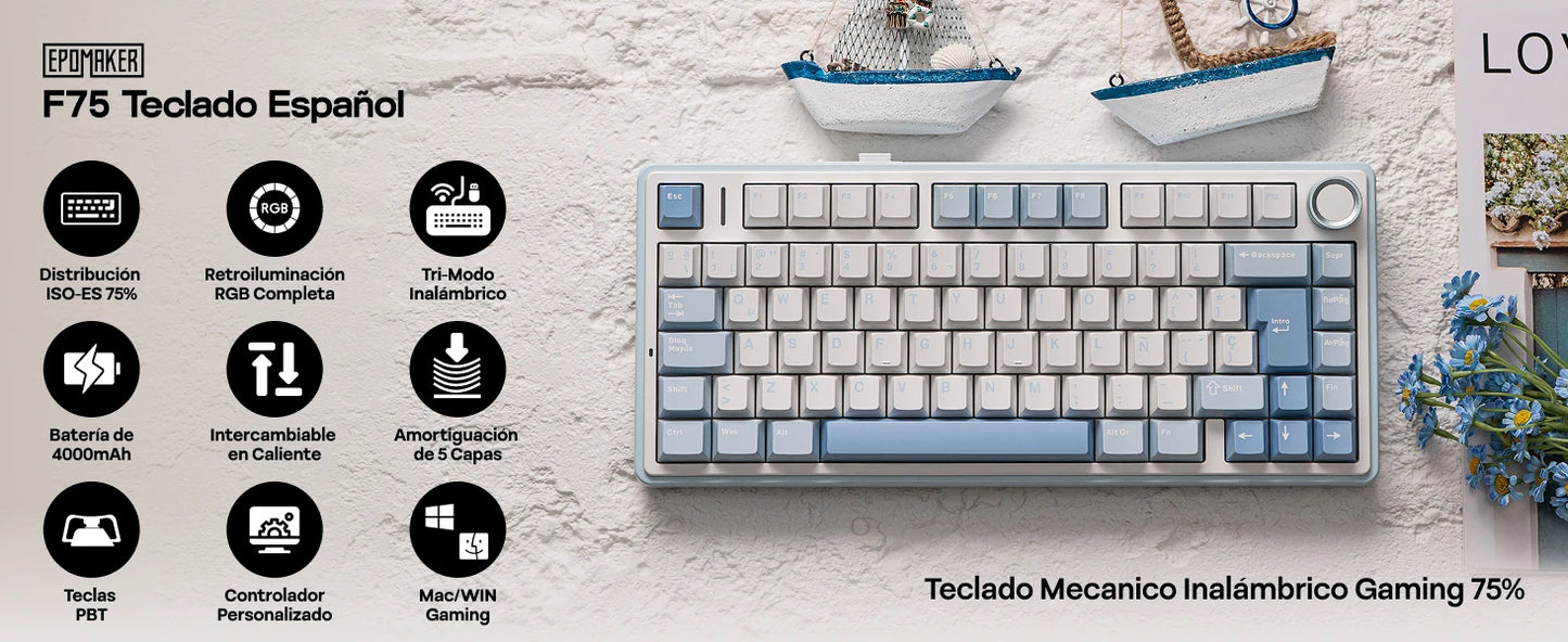 EPOMAKER AULA F75 ISO-ES 75% Spanische QWERTY Hot-Swap, Gasket-Mounted, kabelgebundene/Bluetooth/2.4GHz kabellose mechanische Gaming-Tastatur mit RGB-Hintergrundbeleuchtung