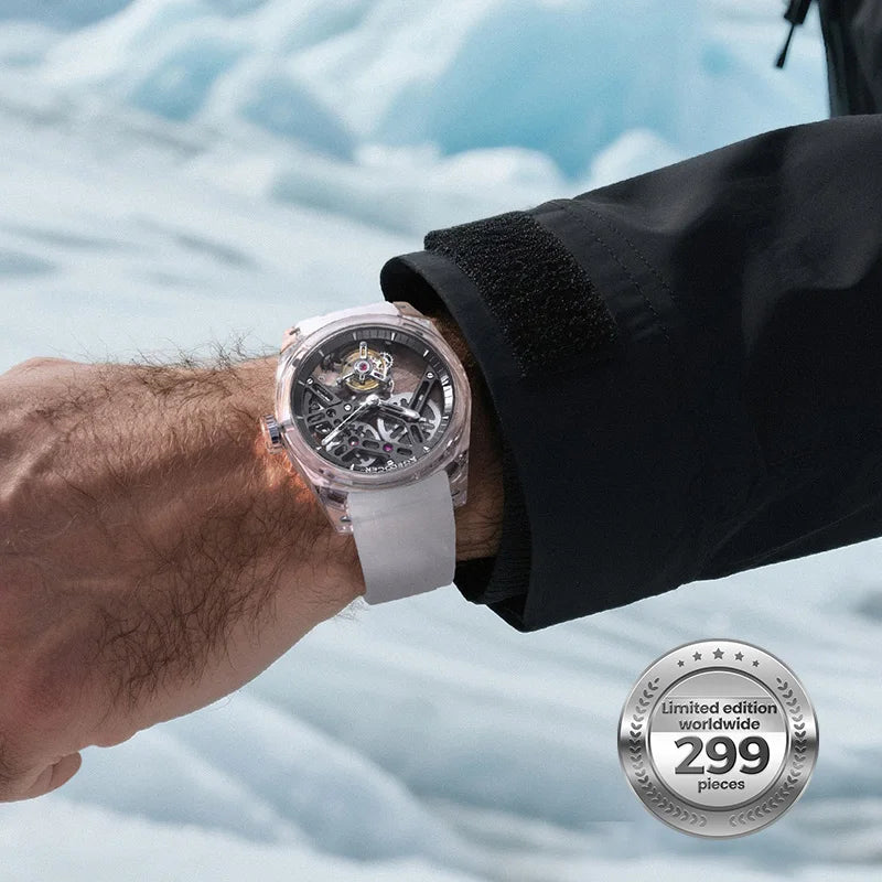 Orologio AGELOCER Limited Edition “Ice Never Melts” con tourbillon in cristallo a spirale libera, orologio meccanico manuale di lusso