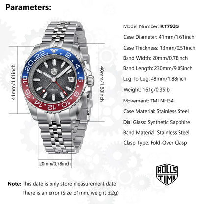 2026 RollsTimi New Men's Watches Luxury GMT Automatic Watch For Men Mechanical Wristwatch AR Sapphire Mirror Luminous Clock NH34