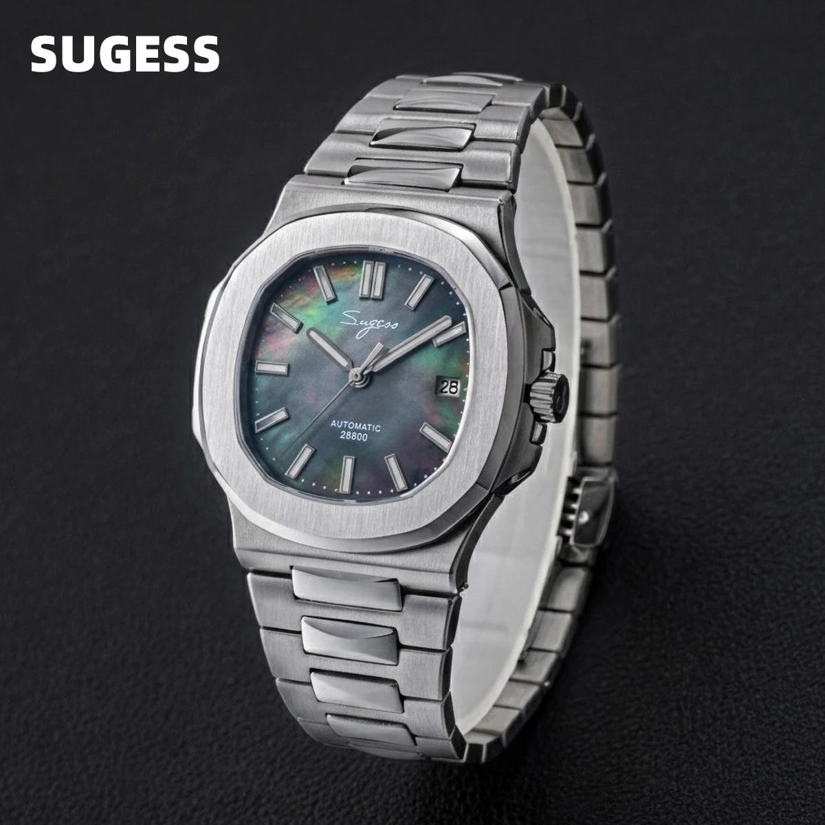 Sugess Herrenuhr, automatische mechanische Armbanduhr, Miyota 9015 Uhrwerk, MOP-Zifferblatt, Leuchtfunktion, wasserdicht bis 5bar, Luxus-Armband S466