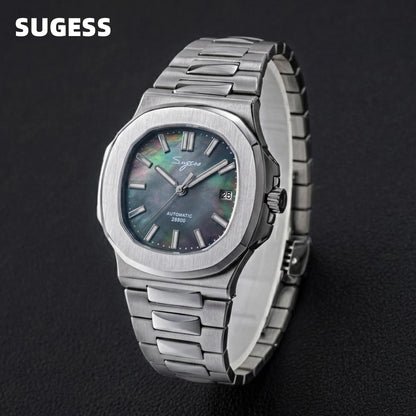 Sugess Herrenuhr, automatische mechanische Armbanduhr, Miyota 9015 Uhrwerk, MOP-Zifferblatt, Leuchtfunktion, wasserdicht bis 5bar, Luxus-Armband S466