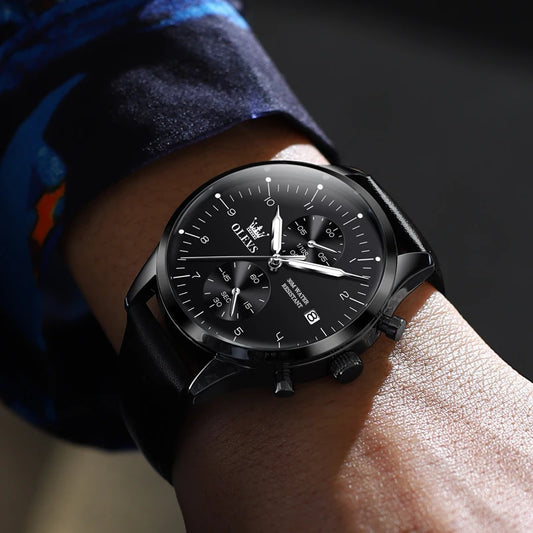 Reloj para hombre OLEVS 2880: cronógrafo elegante y minimalista, correa de piel, indicador automático de la fecha, resistente al agua, agujas luminiscentes, movimiento de cuarzo.