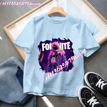 T-shirt azul de algodão Fortnite para criança, camisola de manga curta Fortress Night para bebé, top kawaii com desenho animado para menino e menina, roupa de verão, prenda