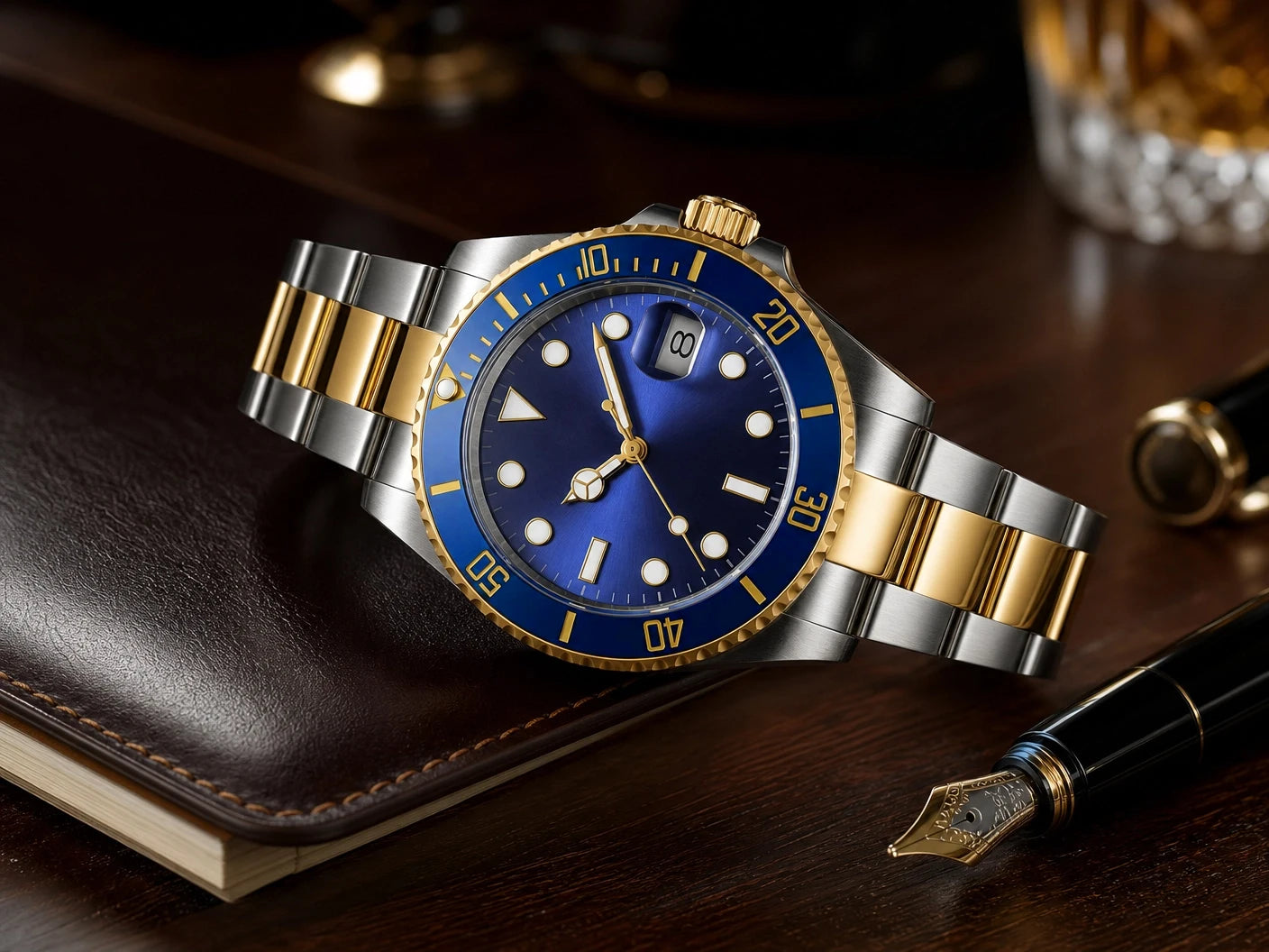Custom logo NH35 MIYOTA 8215 Automatic Men Watch Luxury Diver Two Tone Gold 316L Stainless Steel Sapphire 10ATM Sterile Sunburs