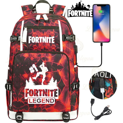 Mochila Yule Trooper F-Fortnited Battle Royale com carregamento USB, figuras anime e compartimento para material escolar para estudantes