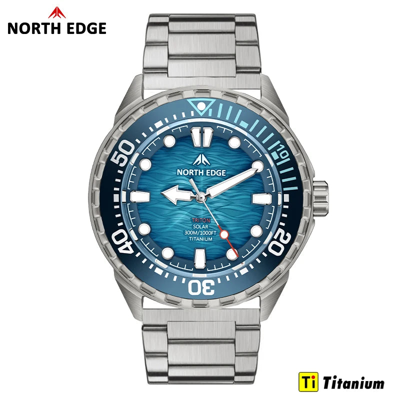 NORTH EDGE TRITON-TI Titanium Stainless Solar-Powered Diving Watch Luxury Quartz Watches For Men 300M Waterproof 180+ Day Power