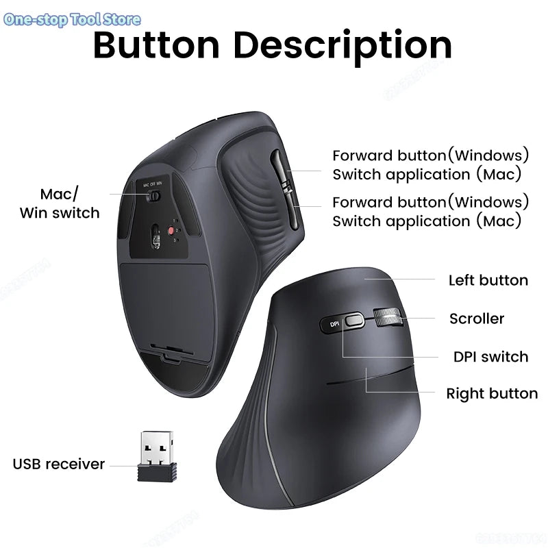 Mouse wireless Bluetooth 5.0 2.4G ergonomico 4000DPI con 6 pulsanti silenziosi per MacBook, tablet, laptop e computer PC