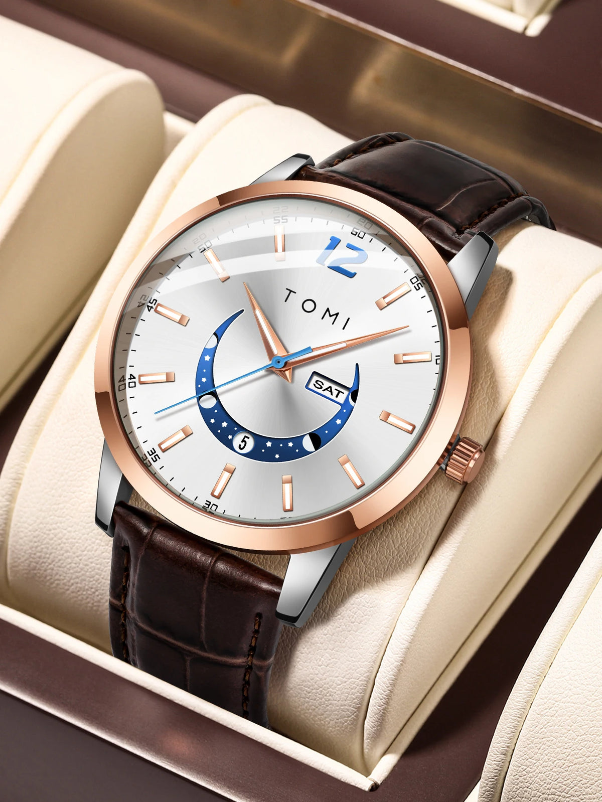 Reloj de cuarzo TOMI, de estilo elegante y profesional, con correa de piel, caja de aleación y esfera con agujas: diseño de alta gama, ideal como regalo para hombre.