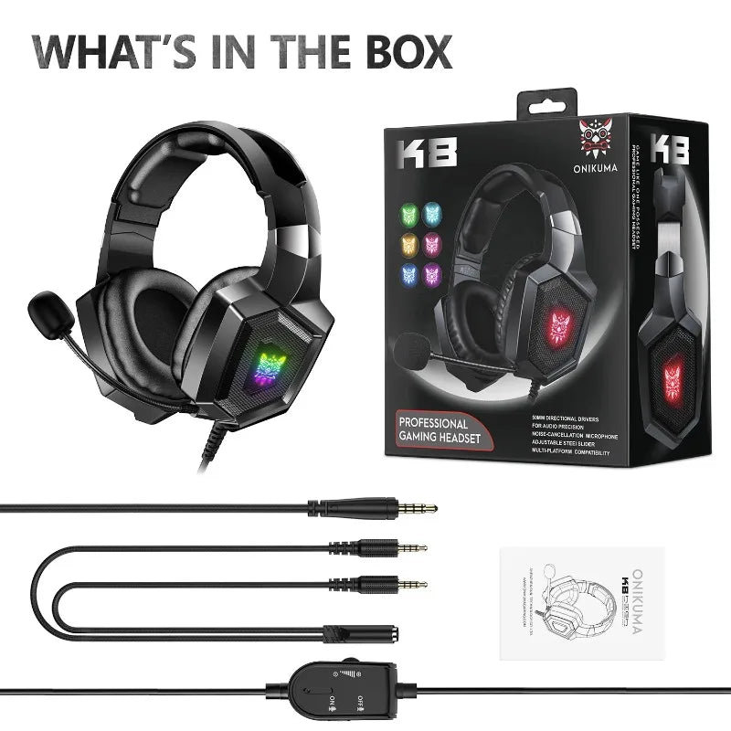 Casque de jeu filaire ONIKUMA K8 RGB, casque supra-auriculaire, microphone flexible, son surround 3,5 mm pour PC, PS4, Xbox, Switch, joueur