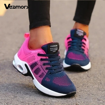 Ténis de moda para mulher, leves, para corrida, para desportos ao ar livre, em malha respirável, confortáveis, com almofada de ar e com atacadores