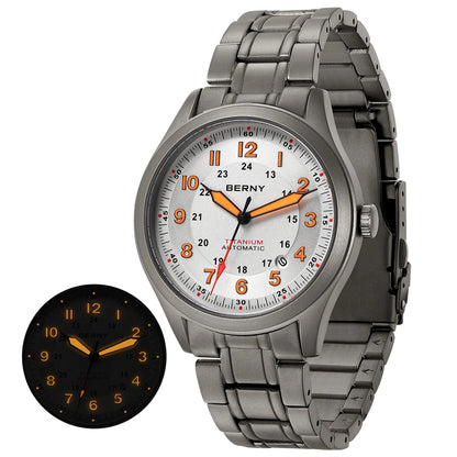 BERNY Automatic Full Titanium Watches for Men Sapphire Super Luminous Mechanical Field Watch Date 10ATM Sports Easy Read