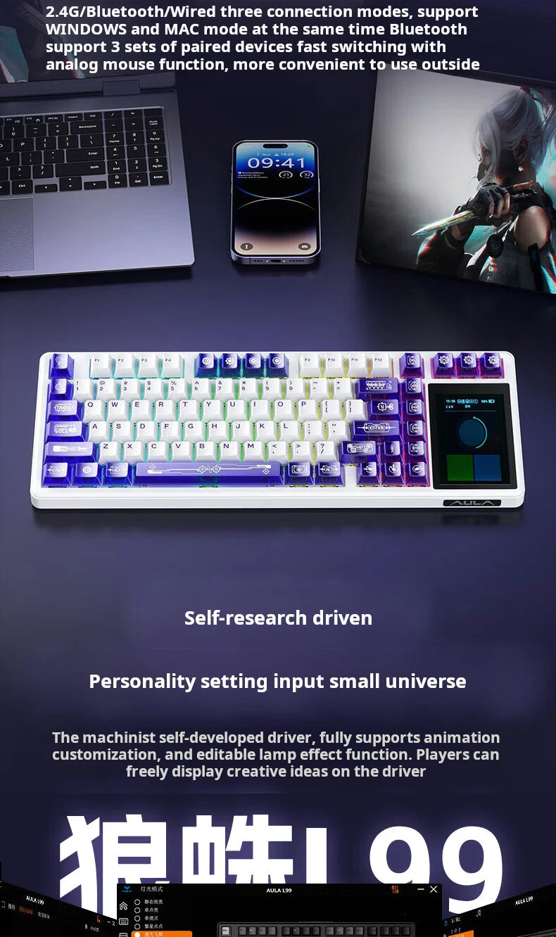 AULA L99 intelligente mechanische Tastatur mit Display, Bluetooth, kabellos, Tri-Mode, Nacht-Gaming-Laptop-Tastatur, 8000mAh, Raindrop Switch