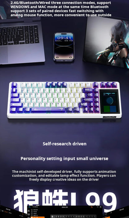AULA L99 intelligente mechanische Tastatur mit Display, Bluetooth, kabellos, Tri-Mode, Nacht-Gaming-Laptop-Tastatur, 8000mAh, Raindrop Switch