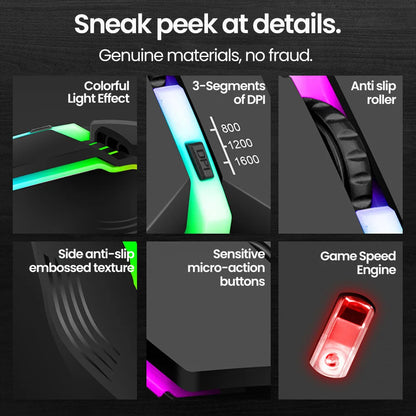 Ratón gaming USB con cable RGB retroiluminado, botón de silencio, LED luminoso y 1600DPI para PC de escritorio, portátil, ordenador, hogar y oficina