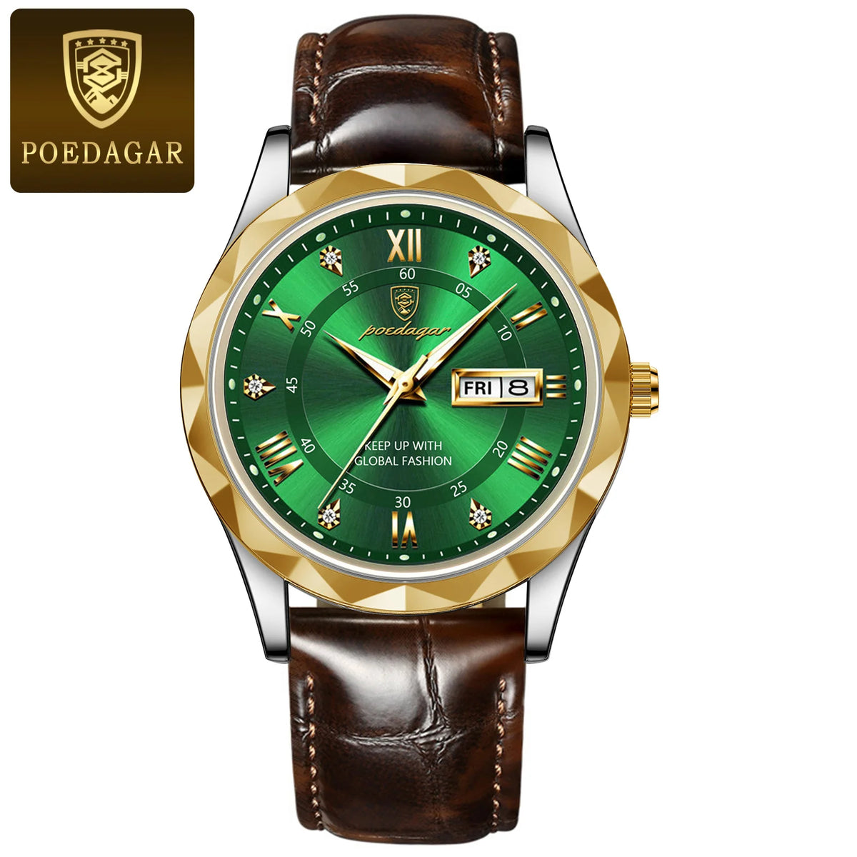 POEDAGAR herreur, originalt luksusmodel: vandtæt, selvlysende, med dato- og ugedagsvisning. Kvartsur i klassisk og professionel stil, udstyret med et læderarmbånd.