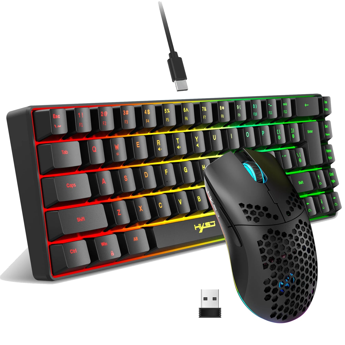 Set gaming portatile HXSJ 60% RGB con tastiera e mouse, tastiera a membrana cablata 68 tasti e mouse wireless leggero a 3 modalità per PC Mac