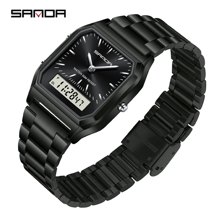 SANDA 747 Men’s & Women’s Luxury Digital Sports Watch  Stainless Steel, LED Dual Display & Waterproof